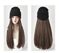 Hat with Hair Attached Autumn Winter Cap Long Synthetic Beanies Hat with Hair Wigs for Women 24inch Straight Wig Warm Soft Ski Knitted
