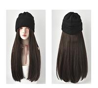 Hat with Hair Attached Autumn Winter Cap Long Synthetic Beanies Hat with Hair Wigs for Women 24inch Straight Wig Warm Soft Ski Knitted