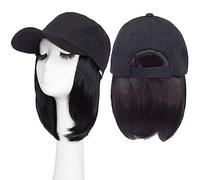 Hat with Hair Attached Synthetic 6inch Baseball Wig Bob Black Hat Wigs Cap with Hair Naturally Connect Adjustable