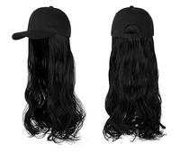 Hat with Hair Long Wavy Synthetic Wig Baseball Cap with Hair extensions Hat Wigs Bone Natural Black Connect Adjustable for women