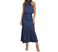 Hatant Satin Maxi Dress for Women Silk Wedding Guest Dress Maxi Dress Sleeveless Elegant Halter Neck Wrap Cocktail Dress, A-navy Blue, XS