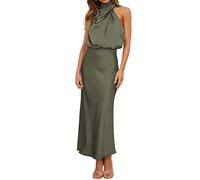 Hatant Satin Maxi Dress for Women Silk Wedding Guest Dress Maxi Dress Sleeveless Elegant Halter Neck Wrap Cocktail Dress, A-olive Green, XL