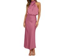 Hatant Satin Maxi Dress for Women Silk Wedding Guest Dress Maxi Dress Sleeveless Elegant Halter Neck Wrap Cocktail Dress, Rose Pink, M