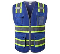 HATAUNKI Class 2 Retro-Reflection High Vis Safety Vests 9 Multi-Function Pockets and Front Zipper Yellow ANSI/ISEA 107-2015 - Blue - Medium