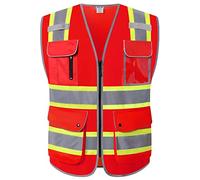HATAUNKI Retro-Reflection Red Mesh Safety Vests With 9 Pockets and Front Zipper ANSI/ISEA 107-2015 (Red-04, Large)