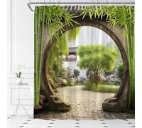 HATEGE Chinese Style Bamboo Extra Long Shower Curtain Mould Resistant Japanese Garden Bathroom Curtains Shower 3D Wet Room Shower Curtains 240 x 200 cm Washable Polyester Fabric With 12 Hooks B737