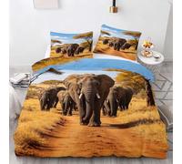 HATEGE Elephant Queen Size Duvet Cover Set Reversible 3D African Animals Lightweight Bedding Sets Soft Microfibre Quilt Cover 230x220 cm with 2 Pillowcases 2037-AET