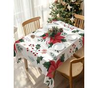 HATEGE Red Flower Table Cloth Wipe Clean Green Leaves Wipeable Tablecloths Rectangular White Tablecloth 140 x 180 cm Polyester 3D Table Cover for Party Dining Decorations A-6511