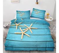 HATEGE Starfish Queen Size Duvet Cover Set Reversible, 3D Blue Wood Board Lightweight Bedding Sets Soft Microfibre Quilt Cover 220x220 cm with 2 Pillowcases 2797-ABC