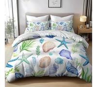HATEGE Starfish Reversible Double Duvet Cover, 3D Shell Lightweight Bedding Sets Soft Microfibre Quilt Cover 155x220 cm with 2 Pillowcases 6051-ABC