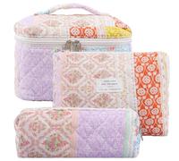 Hatende 3Pcs Cotton Quilted Makeup Bag Set,Large Floral Cosmetic Bag，Aesthetic Toiletry Travel Makeup Bag Set and Cute Flower Bag for Women Girls. (Ethnic Style)