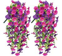 HATFRYF 2PCS Artificial Hanging Flowers Outdoor, Spring Fake Flowers Trailing Plants, Fake Trailing Plants Morning Glory Decoration, Silk Morning Vine Baskets Plants for Porch Garden Balcony, Fuchsia