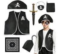 HATFRYF 7PCS Pirate Costume Accessories Kit, Pirate Fancy Dress Costume, Kids Pirate Caribbean Role Play Outfit, Sea Robber Cosplay Dress Up Kit for Birthday Party Halloween Carnival for Boys Girls