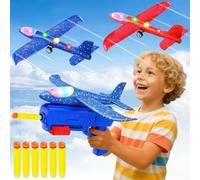 HATFRYF Airplane Launcher Toys, 2 Pack LED Throwing Glider Plane, Catapult Aeroplane Toy with Blue Gun Includes 6 Soft Darts, Outdoor Sport Flying Toy for Kid Age 6-12 Year Old Boy Fun Gifts