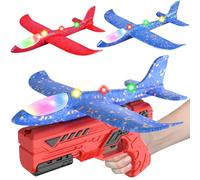 HATFRYF Airplane Launcher Toys, 2 Pack LED Throwing Glider Plane, Catapult Aeroplane Toy with Gun, 2 Flight Modes Outdoor Sport Flying Toys for Kids Age 3 4 5 6 7 8 9 Year Old Boys Fun Birthday Gifts