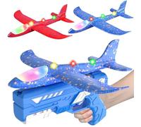 HATFRYF Airplane Launcher Toys, 2 Pack LED Throwing Glider Plane, Catapult Aeroplane Toy with Gun, 2 Flight Modes Outdoor Sport Flying Toys for Kids Age 3 4 5 6 7 8 9 Year Old Boys Fun Birthday Gifts