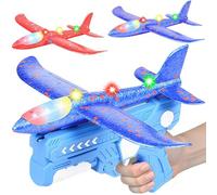 HATFRYF Airplane Launcher Toys, 2 Pack LED Throwing Glider Plane, Catapult Aeroplane Toy with Gun, 2 Flight Modes Outdoor Sport Flying Toys for Kids Age 3 4 5 6 7 8 9 Year Old Birthday Gifts - Blue