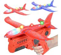 HATFRYF Airplane Launcher Toys, 2 Pack LED Throwing Glider Plane, Catapult Aeroplane Toy with Gun, 2 Flight Modes Outdoor Sport Flying Toys for Kids Age 3 4 5 6 7 8 9 Year Old Birthday Gifts - Red
