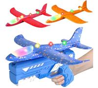 HATFRYF Airplane Launcher Toys, 3 Pack LED Throwing Glider Plane, Catapult Aeroplane Toy with Gun, 12.6 Inch Foam Glider Airplane, 2 Flight Modes for Kids Flying Toys Age 3 4 5 6 7 8 9 Year Gifts
