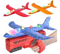 HATFRYF Airplane Launcher Toys, 3 Pack LED Throwing Glider Plane, Catapult Aeroplane Toy with Gun, 2 Flight Modes for Kids Outdoor Sport Flying Toys Age 3 4 5 6 7 8 9 Year Old Boys Birthday Gifts