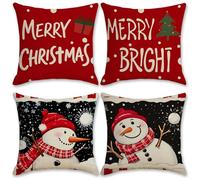HATFRYF Christmas Cushion Covers Set Of 4, Red and White Christmas Cushion Covers Vintage Indoor, Xmas Linen Pillow Cases with Xmas Tree Snowman for Winter Home Sofa Decorations - 45 * 45cm