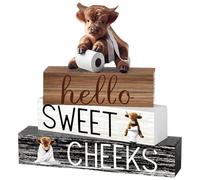 HATFRYF Highland Cow Decor Set, 4PCS Highland Cow Ornaments Decor, Wooden Home Ornaments for Living Room & Bedroom, Bathroom Decor with Farmhouse Style, Hello Sweet Cheeks Table Decoration