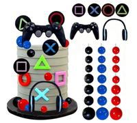 HATFRYF Video Game Themes Cake Toppers Sets, Headset Cake Decoration Set, Controller, Happy Birthday Cupcakes Topper,Ball Decorations,Gaming-Themed Cak-es Topp-er Set for Birthday Decorations, 30PCS