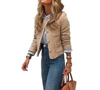 hathne Women's Tweed Blazers Jackets Casual Long Sleeve Button Down Cropped Jacket Coat Tops with Pockets, Khaki, M