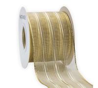 HATIANGE Gold Metallic Wired Ribbon with Striped Chiffon 6.3CM Width x 10 Meters for Christmas Home Decor Tree Topper Bow Gift Wrapping DIY Crafts Wreath Garland Wedding