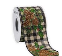 HATIANGE Pinecone Christmas Burlap Ribbon with Black White Plaid Wired Ribbon, 6.3CM x 10Meters, for Xmas Home Decor, Gift Wrapping, Bow Making, Wreath, DIY Crafts