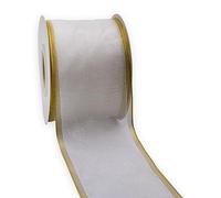 HATIANGE Solid White Organza Gold Lurex Wide Wired Edge Ribbon, 6.3CM Width x 10 Meters for Gift Packaging Wedding Decoration
