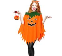 HATINXIA Halloween Costumes for Women Adult, 3Pcs Pumpkin Costume Poncho Set, Pumpkin Cape with Headband and Candy Bag for Halloween Party Cosplay Accessories, Glow in the Dark