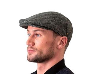 Hatman of Ireland Authentic Tweed Flat Cap for Men 100% Donegal Tweed Herringbone Pattern Handmade Made in Ireland, Green herringbone pattern, M
