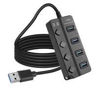 HATMINI 5FT 4-Port USB3.0 Expander Hub,USB 3.0 Fast Data Hub With Individual LED Power On/Off Switches，Portable USB Port Extender for PC,USB Flash Drives And More (5FT)