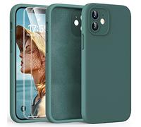 HATOSHI 3 in 1 for iPhone 12 Case, with 2 Pack Screen Protector, [Upgraded Full Camera Protection] Liquid Silicone Silky-Soft Touch Slim Shockproof [Anti-Scratch] [Multi-Color] 6.1", Midnight Green