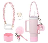 HATOTO Stanley Cup Accessories Set, Cute Kawaii Pom Pom Design Water Bottle Handle Strap, Silicone Boot, Charms for 30/40oz Tumble (Pink 2)