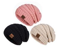Hatromm Slouchy Beanie Hat Women 3 Pack, Winter Hats for Men Women Oversized Knit Warm, Beanie Hats for Women Thick for Cold Weather(Black+Oatmeal+Pink)