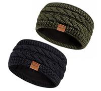 Hatromm Winter Headbands for Women Wool 2 Pack, Ear Warmers for Women Headband Knit Thick Fleece Lined(Black+Army)