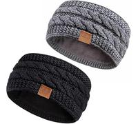 Hatromm Winter Headbands for Women Wool 2 Pack, Ear Warmers for Women Headband Knit Thick Fleece Lined, Cold Weather Warm Ear Muffs(Black+Soft Gray)