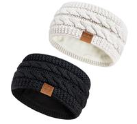 Hatromm Winter Headbands for Women Wool 2 Pack, Ear Warmers for Women Headband Knit Thick Fleece Lined, Cold Weather Warm Ear Muffs(Black+White)