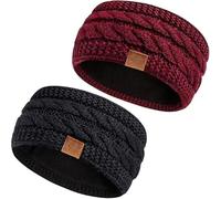 Hatromm Winter Headbands for Women Wool 2 Pack, Ear Warmers for Women Headband Knit Thick Fleece Lined(Black+Burgundy)
