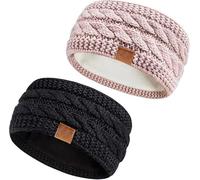 Hatromm Winter Headbands for Women Wool 2 Pack, Ear Warmers for Women Headband Knit Thick Fleece Lined, Cold Weather Warm Ear Muffs(Black+Pink)
