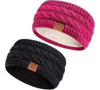 Hatromm Winter Headbands for Women Wool 2 Pack, Ear Warmers for Women Headband Knit Thick Fleece Lined, Cold Weather Warm Ear Muffs(Black+Rose)