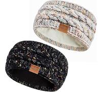 Hatromm Winter Headbands for Women Wool 2 Pack, Ear Warmers for Women Headband Knit Thick Fleece Lined(Confetti Black+Confetti White)