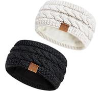 Hatromm Winter Headbands for Women Wool 2 Pack, Ear Warmers for Women Headband Knit Thick Fleece Lined(Black+White)