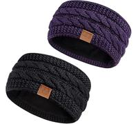 Hatromm Winter Headbands for Women Wool 2 Pack, Ear Warmers for Women Headband Knit Thick Fleece Lined, Cold Weather Warm Ear Muffs(Black+Purple)