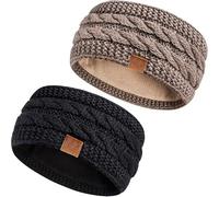 Hatromm Winter Headbands for Women Wool 2 Pack, Ear Warmers for Women Headband Knit Thick Fleece Lined(Black+Khaki)