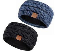 Hatromm Winter Headbands for Women Wool 2 Pack, Ear Warmers for Women Headband Knit Thick Fleece Lined, Cold Weather Warm Ear Muffs(Black+Denim)