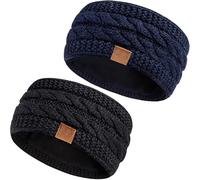 Hatromm Winter Headbands for Women Wool 2 Pack, Ear Warmers for Women Headband Knit Thick Fleece Lined, Cold Weather Warm Ear Muffs(Black+Navy)