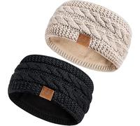 Hatromm Winter Headbands for Women Wool 2 Pack, Ear Warmers for Women Headband Knit Thick Fleece Lined(Black+Beige)